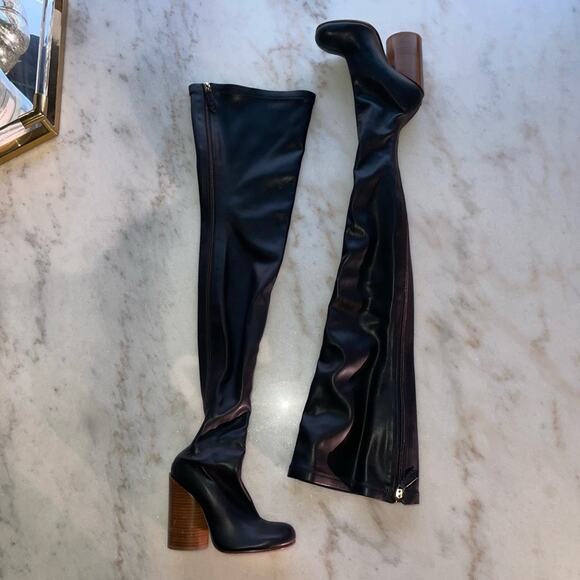 Burberry Black Faux Leather Thigh High Sock Boot with Wooden Circular Block Heel - Picture 3 of 14